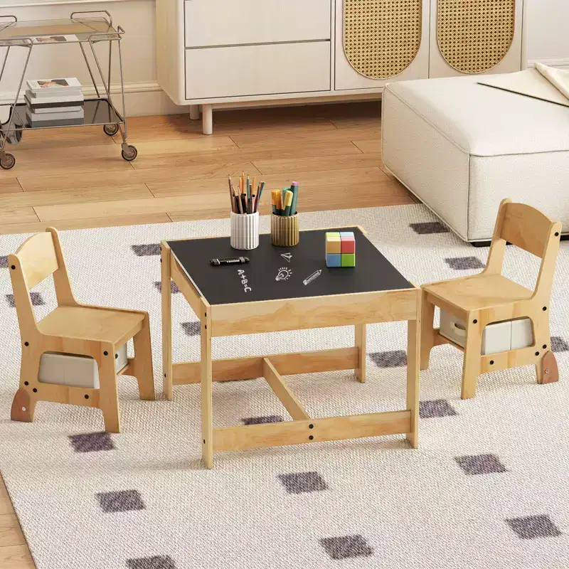 Costway 3-In-1 Kids Table & Chairs Set w/Reversible Whiteboard/Chalkboard Top Hidden Storage