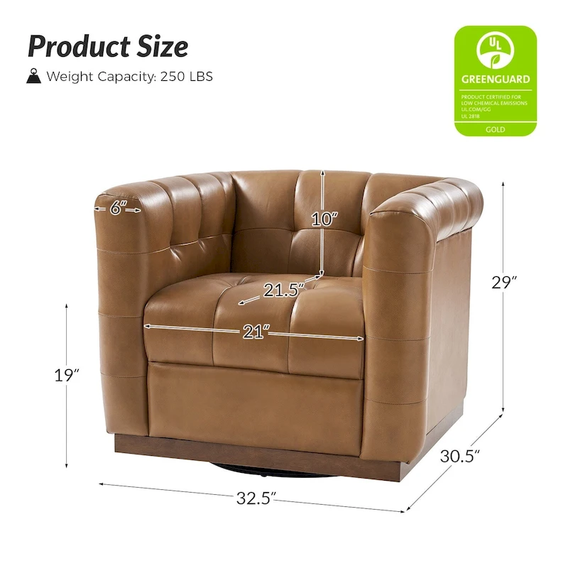 JeremiasMid-certury Modern GenuineLeatherTufted SwivelClubChair with Wooden Apron by HULALA HOME