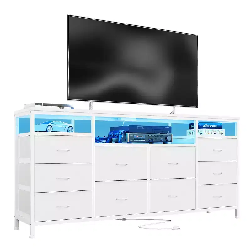 63 Inch Fabric Tv Stand With 10 Drawers Led With Power Socket Suitable For Living Room Bedroom 65-75 Inch Tv Storage Box