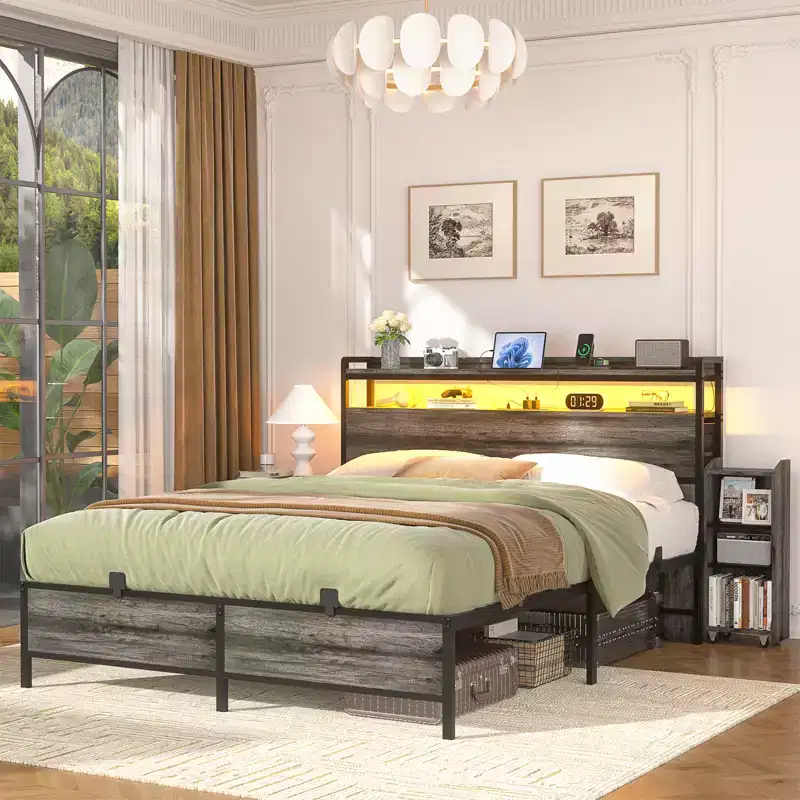 Besiost Full Bookcase Bed with Storage Slide Bedside Shelf and Charging Station & LED Light