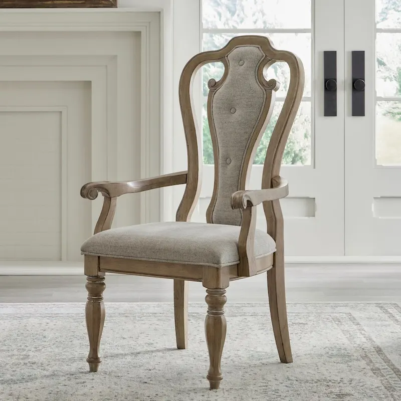 Magnolia Manor Weathered Bisque Splat Back Upholstered Arm Chair ( of 2)