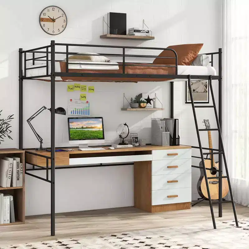 Costway Twin Size Metal Loft Bed Single Loft Bunk Bed with Full-Length Guardrail