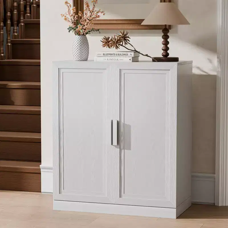 36 in. Tall Wood Grain Storage Cabinet in White, Storage Organizer with 2 Solid Wood Doors for Bedroom Living/Dinning Room