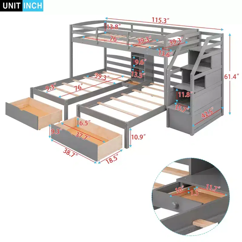 Triple Bunk Bed with Stairs and Storage Drawers, Twin over Twin & Twin Triple Bunk Beds with Shelves, Wooden 3 Bed Bunk Beds for Kids, Gray