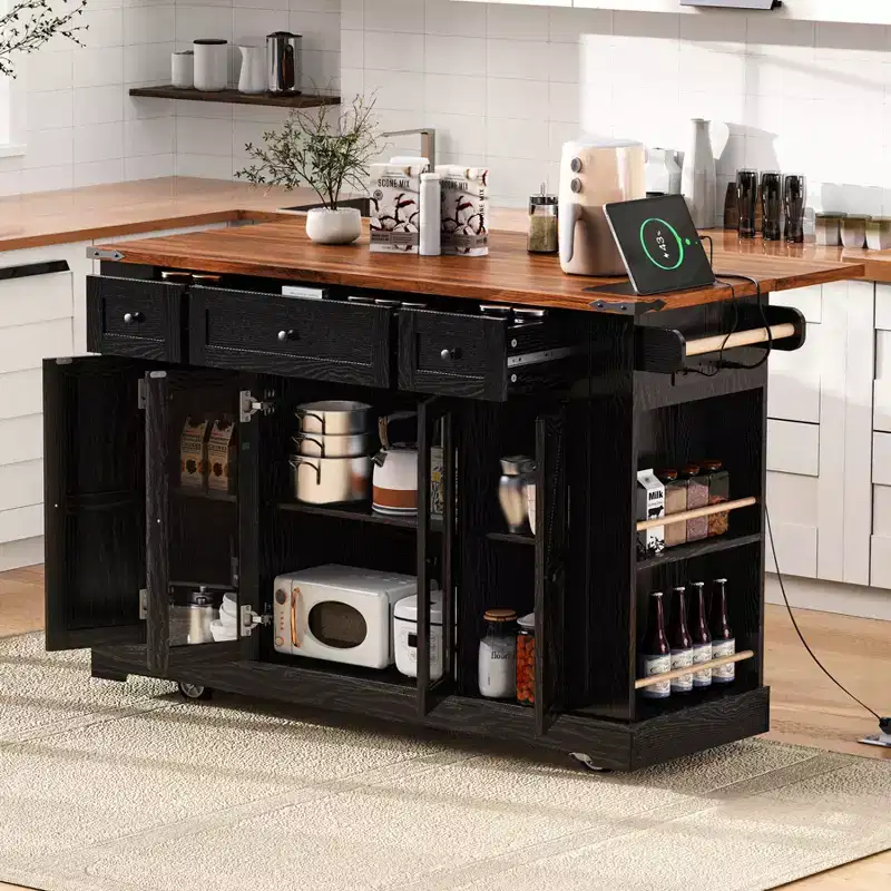 Farmhouse Kitchen Island with Drop Leaf and Wheels, Kitchen Storage Cart with Drawers and Glass Doors, Rolling Kitchen Island with Power Outlet