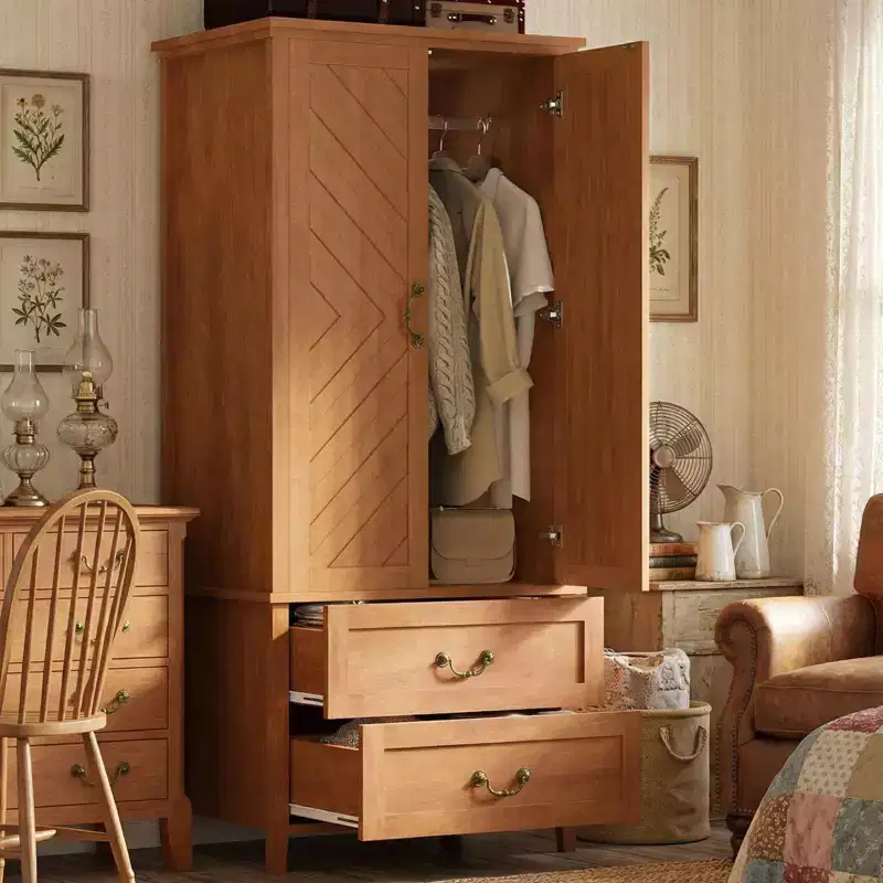 Armoire, Wardrobe Closet with 2 Drawers & 2 Doors, 71H Tall Farmhouse Rustic Brown Wooden Storage