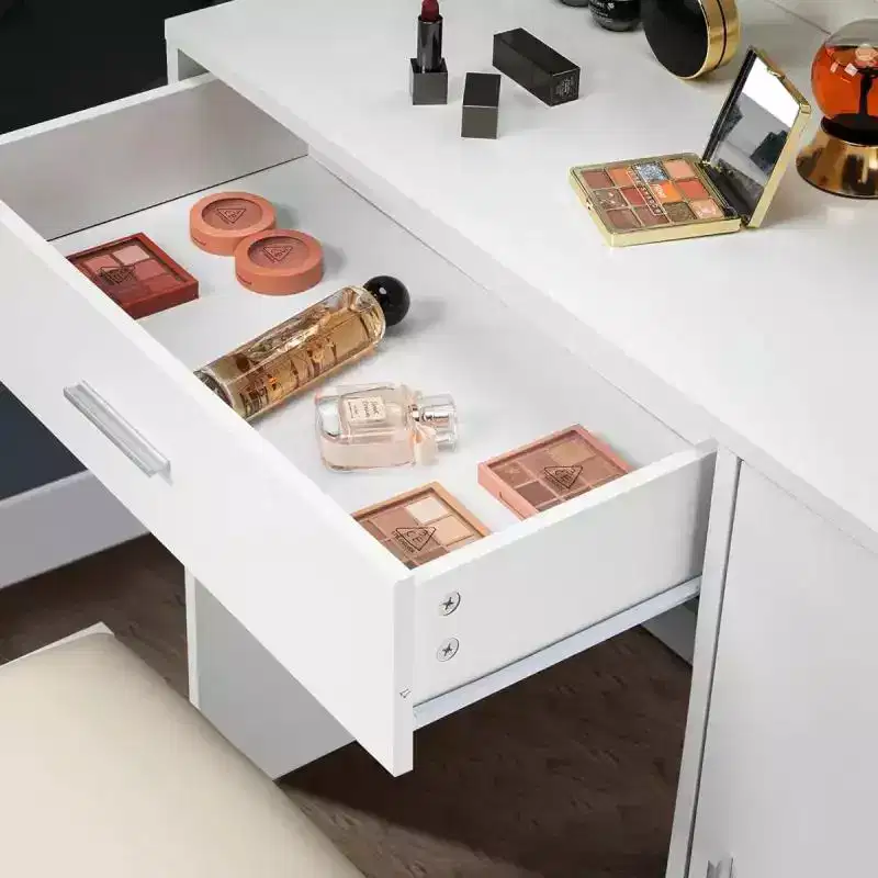 Karl Home | White LED Makeup Vanity Set With Adjustable Lighting, Cushioned Stool, And Spacious Storage