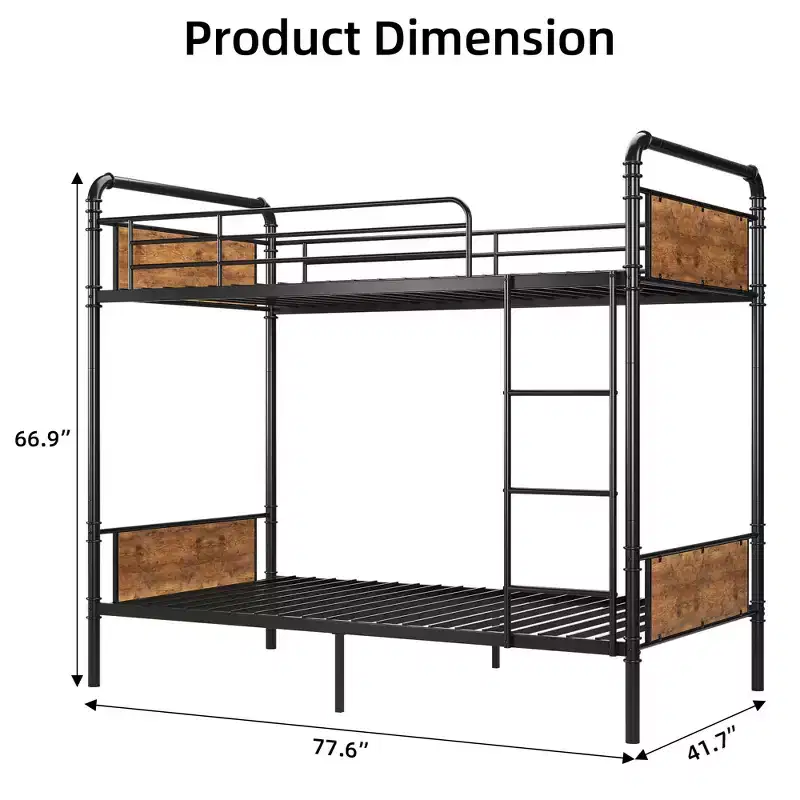 Bunk Bed Twin Over Twin Metal Bunkbeds with Ladders and 16.6 Safety Guardrail, Twin Bunk Beds for Kids, Adults and Small Spaces, No Box Spring Needed