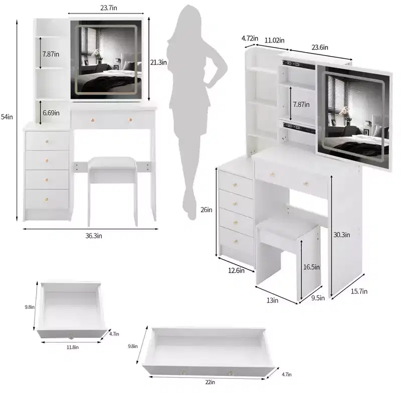 Vanity Table Set 40 Large Size Left Bedside Cabinet Vanity Table+Cushioned Stool Dresser Set