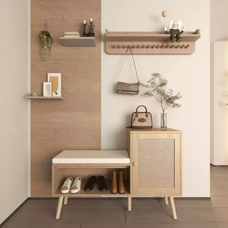 MAYEERTY 2 in 1 Shoe Storage Cabinet Natural Rattan with 2 Adjustable Shelves and Removable Seat Cushion Modern Entryway Bench for Hallway