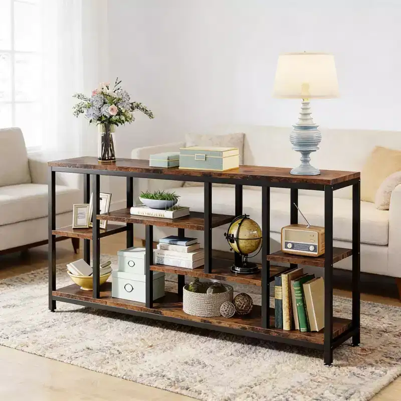 Rustic Console Table Industrial Sofa Side Table Multi Shelf Wood Metal Storage Rack for Living Room Entryway, Black, 70.92*11.82*35.46