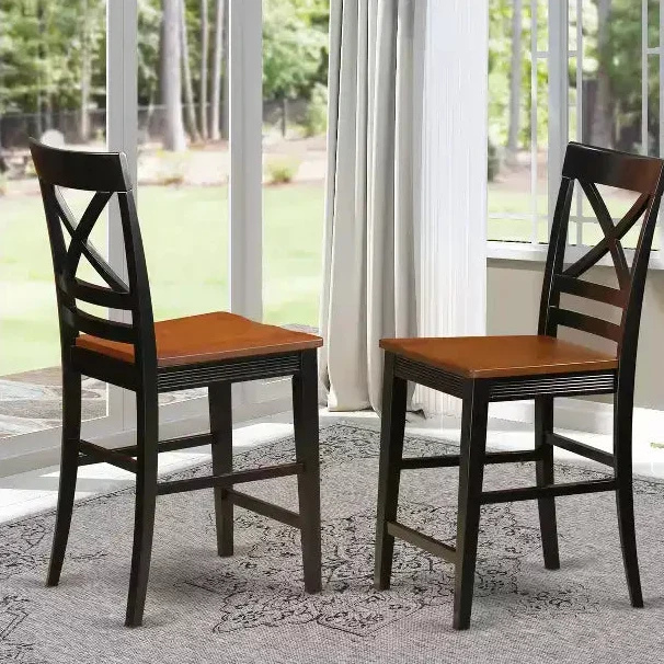 Counter Height Pub Bar Stool Set of 2, Solid Wood with Slatted Back