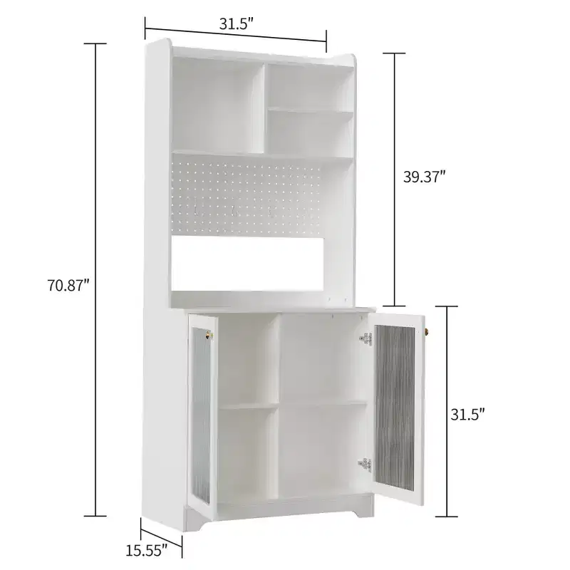 71 Tall Sideboard Buffet Cabinet with Hutch - 6-Tier Pantry Cabinet with 2 Glass Doors, Pegboard, Microwave Shelf, Open Shelves, Coffee Bar Station