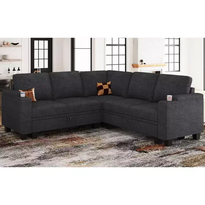 L-Shaped Fabric Sectional Couch - Modular Design with Hidden Storage & Removable Cup Holder