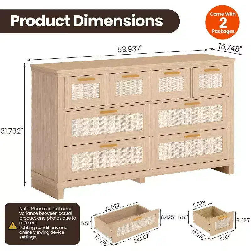 8-Drawer Rattan Dresser, Boho Modern Chest with Woven Fronts & Storage Organizers for Bedroom, Hallway, Living Room - Natural