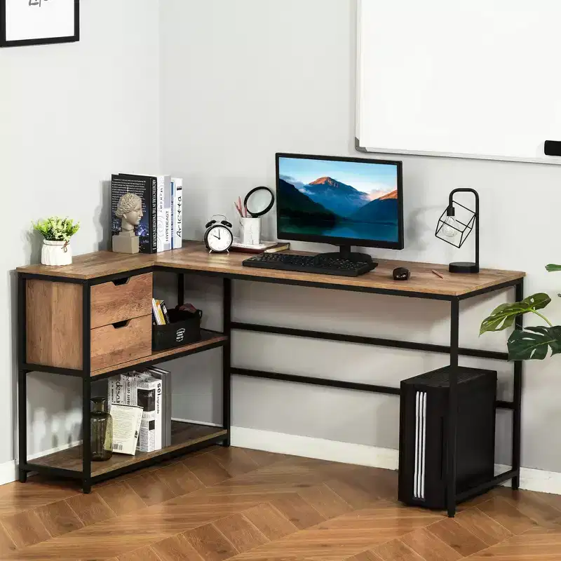 L-Shaped Home Offie Computer Desk with Storage Shelves, 2 Dawers and Industrial Steel Frame