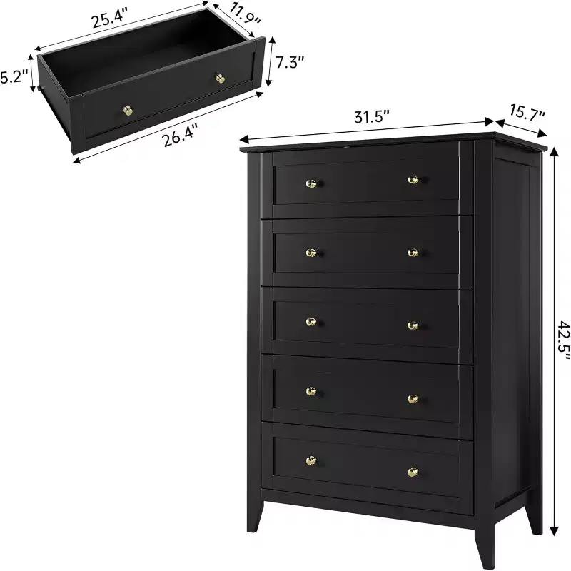 Wood Five-Drawer Dresser with Deep Drawers and Metal Knobs