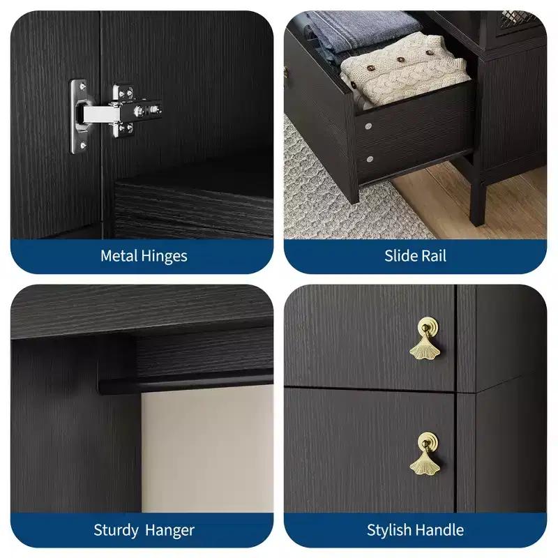 Freestanding Closet Organizer with Shelves and Hanging Rod, Modern Metal Wardrobe Rack with Mesh Side & Drawer