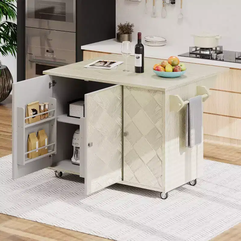MAYEERTY Solid Wood Handwoveb Kitchen Island with Drop Leaf Coastal Kitchen Isalnd on Wheels Champange