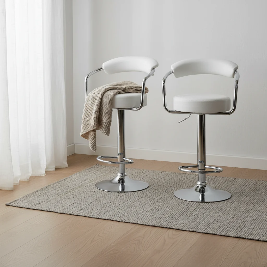 Faux Leather Retro Adjustable Bar Stool in White with Chrome Handles and Base