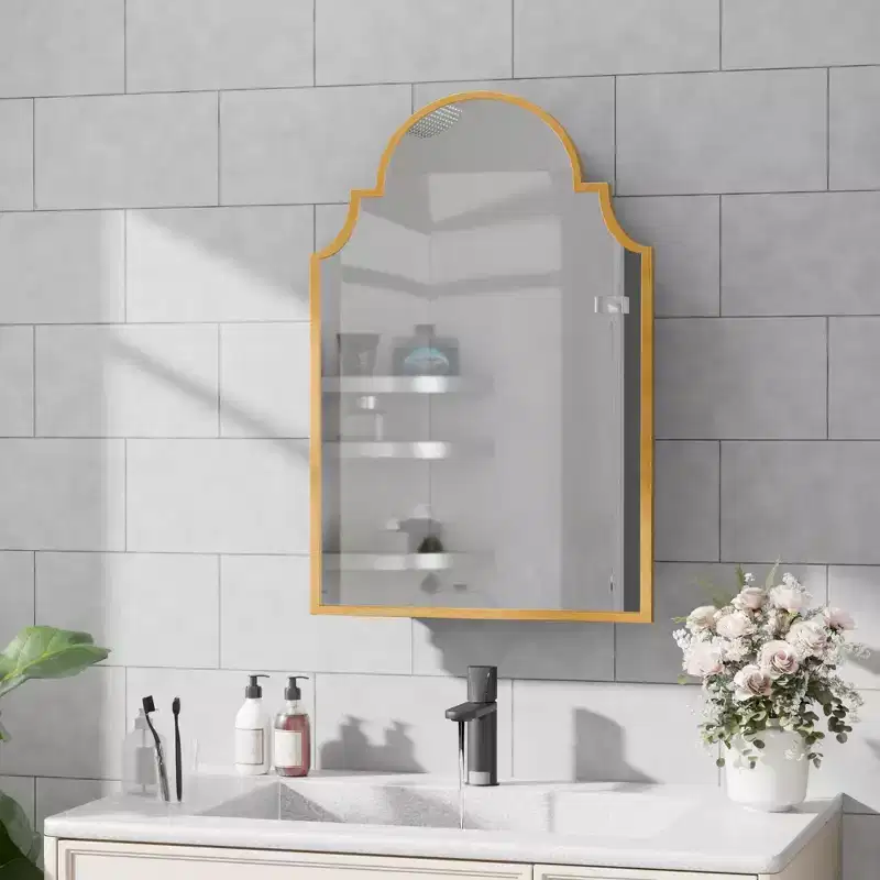 19.5 x 29.64 Inch Gold Arch Wrought Iron Framed Medicine Cabinet With Mirror, Wall-mounted Mirror Cabinet For Bathroom