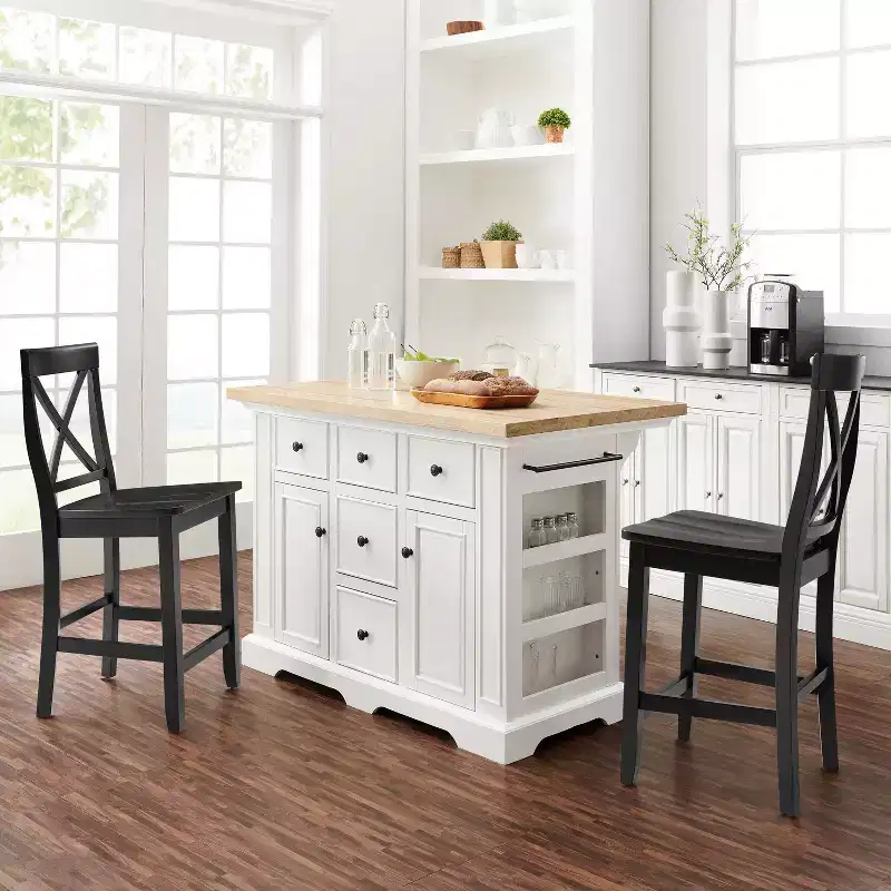 White/Black Wood Top Kitchen Island with 2 X-Back Stools, Seats 2