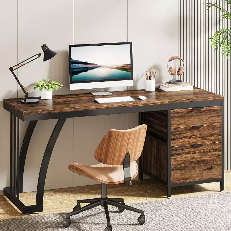 59-Inch Computer Desk with 3 Drawers, PC Desk with Reversible Drawers and File Storage for Home Office, Industrial Rustic Brown