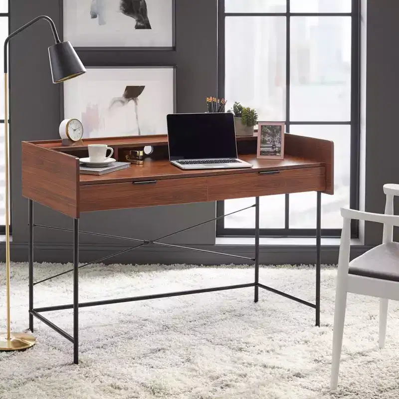 Walnut & Black Metal 2-Drawer Desk with Open Compartments, 1 Person