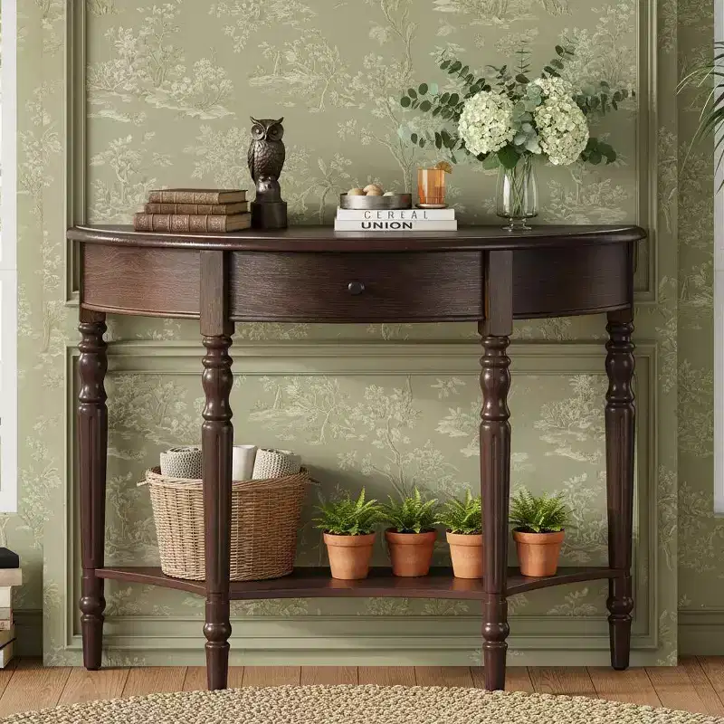 Polibi Farmhouse Crescent Entry Console with Drawer & Shelf