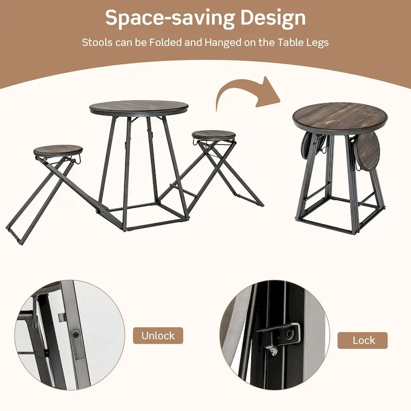 Costway 3-Piece Bar Table Set Round Pub Dining Table & 2 Foldable - See Details