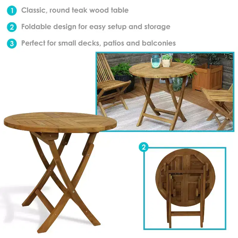 Sunnydaze Outdoor Solid Teak Wood with Light Stained Finish Round Patio Dining Table - 32 - Light Brown