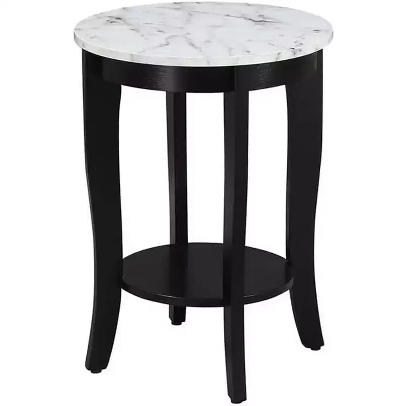 HomeStock Belmont End Table with Drawer and Slide Out Shelf, Sleek Faux Marble Top with Black Finish, Stylish Storage Table for Living Room