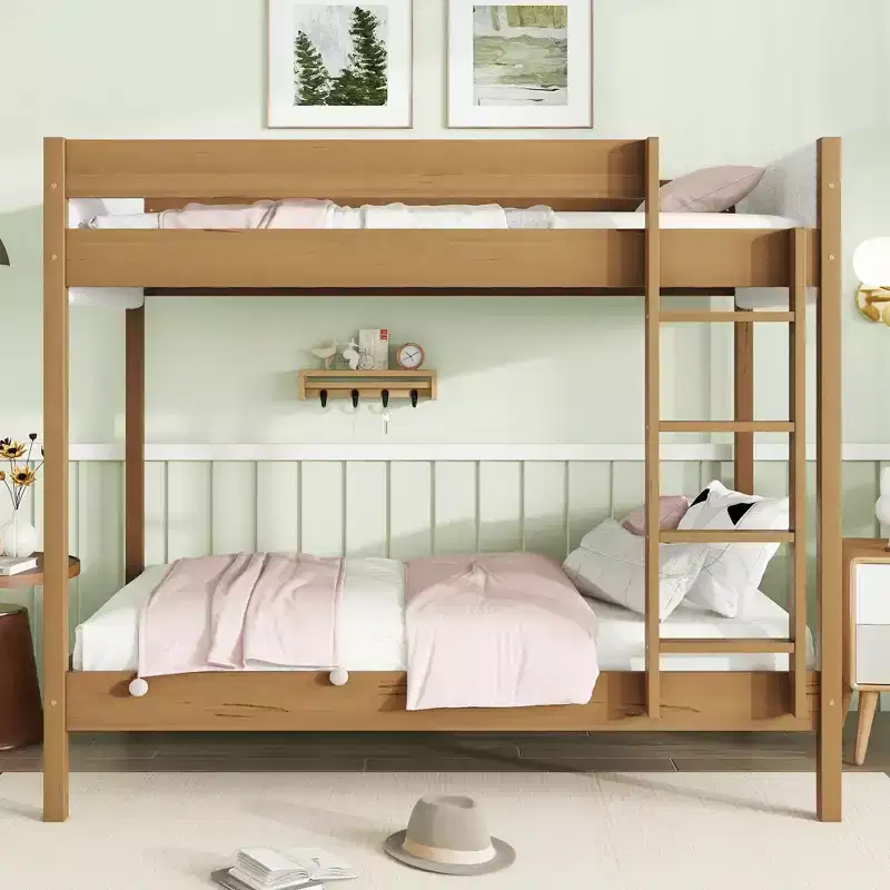 Bunk Bed Twin Over Twin with Upholstered Headboard and Footboard for Kids Teens, Wooden Bunk Bed Frame with Ladder and Guardrails, Natural