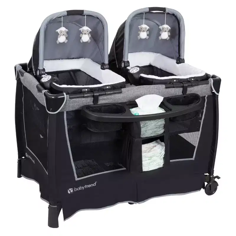 Quarry Gray Twins Playard with Dual Bassinets & Canopy