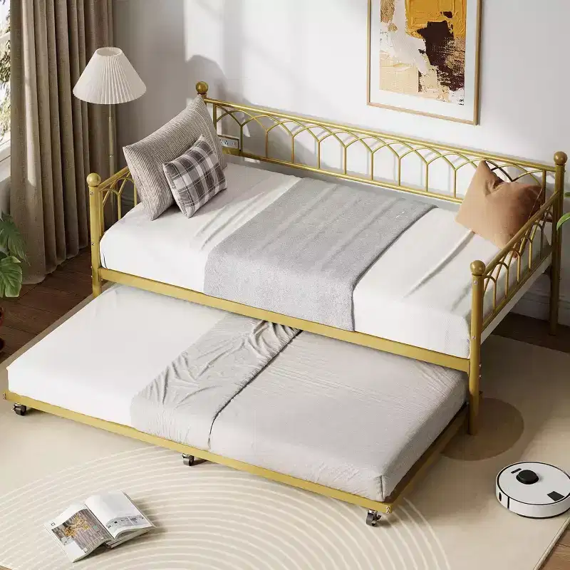 Twin Day Bed, Metal Sofa Bed Frame with Pull Out Trundle for Living Room, Bedroom, Apartment and Small Spaces