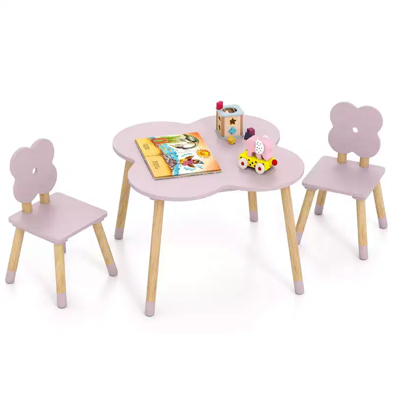 Flower-shaped Kids Table Set with 2 Child-sized Chairs Solid Pine Wood Legs Pink/White