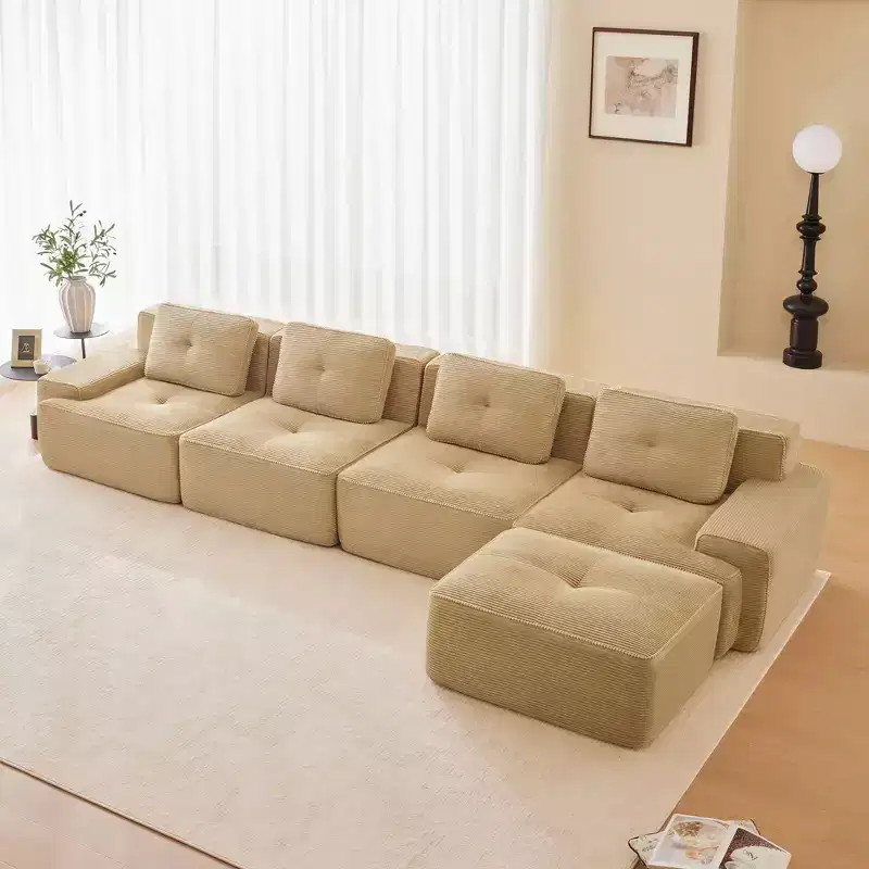 153 Modern L-Shaped Modular Sectional Sofa for Living Room, Corduroy Fabric, 4-Seater Couch with Deep Seat and Movable Ottoman,Camel