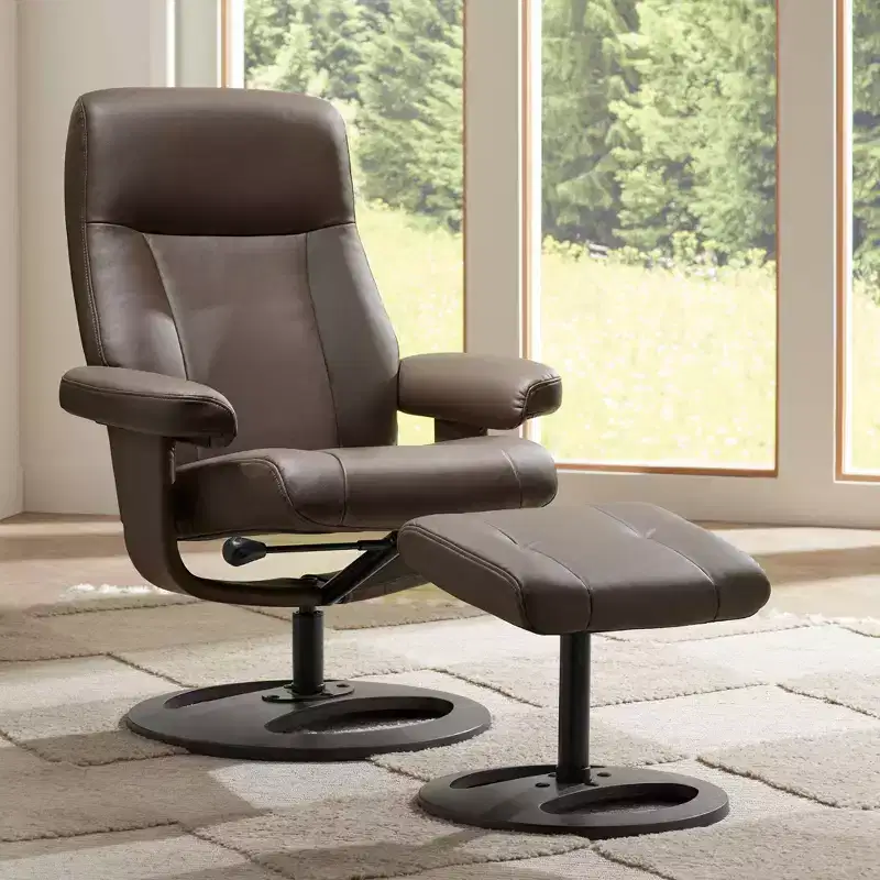 Faux Leather Recliner Chair with Ottoman Footrest, Manual Swivel, Chocolate Brown