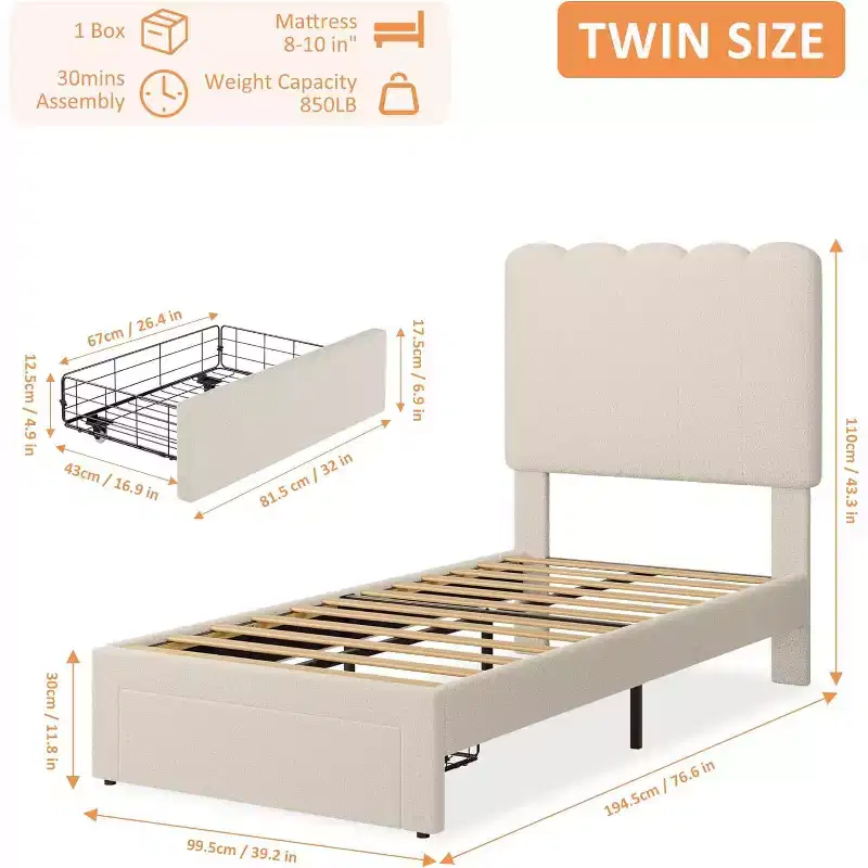 Twin Size Bed Frame with Under Bed Drawer, Upholstered Platform, Wave Headboard, Wooden Slats Support, No Box Spring Needed, Beige