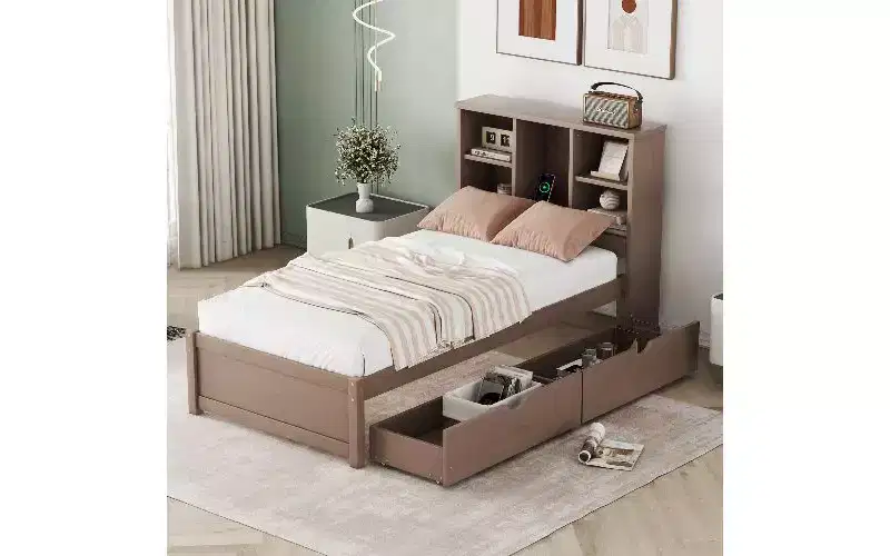 Modern Twin Size Bed Frame with Bookcase Headboard & USB Charging, Wood Platform Bed with 2 Sliding Storage Drawers, Storage Bookcase Bed