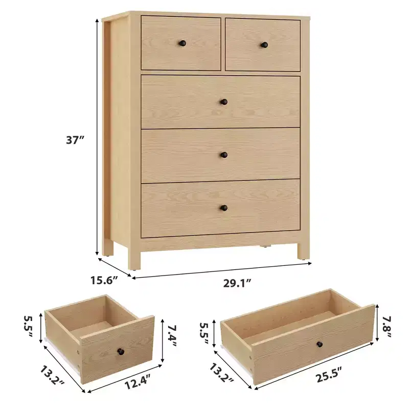 Tall Modern 5-Drawer Dresser with Deep Drawers & Metal Knobs,Wooden Double Storage Chest for Kids' Bedroom, Entryway & Hallway