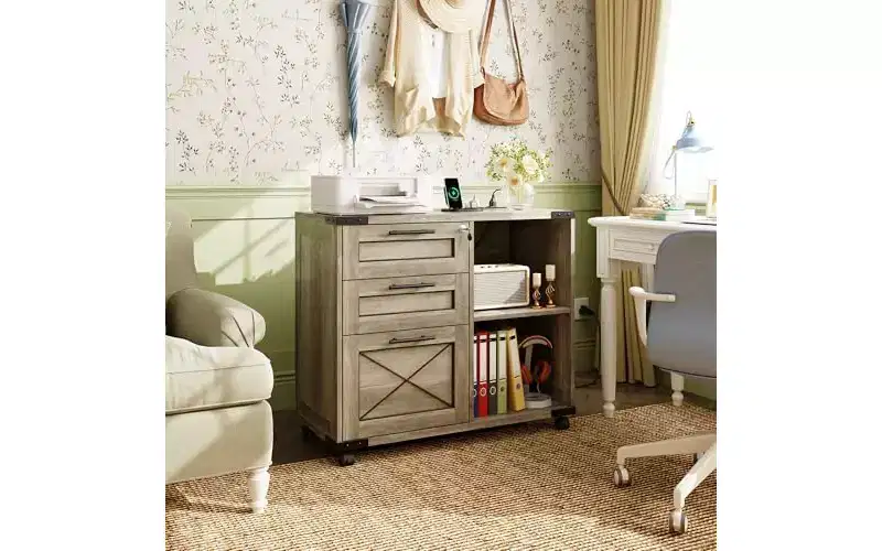 DEXYLLO Wood File Cabinet with Charging Station, Mobile Lateral Filing Cabinet with Lock for Home Office
