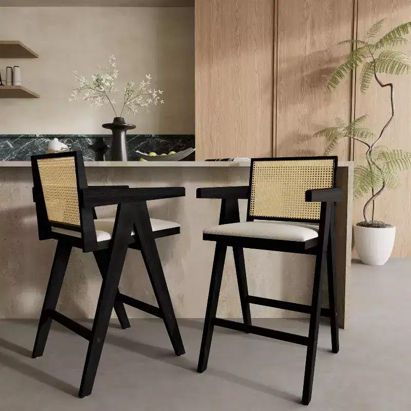Modern Minimalist Rubberwood and Cane Upholstered Bar Stools