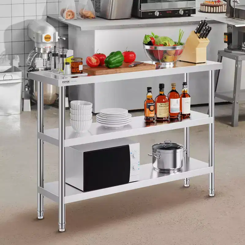 VEVOR Stainless Steel Food Prep Table, 14 x 48 x 34 Inch Commercial Kitchen Worktable, with 2 Adjustable Undershelf, Heavy Duty Prep Table