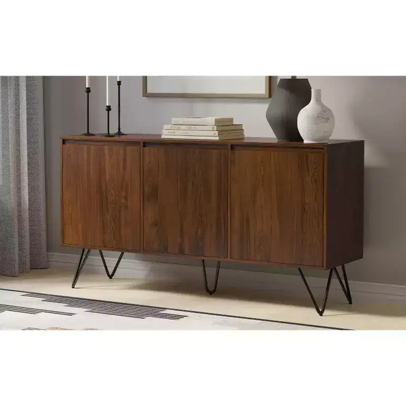 Moreno 60 inch x 18 inch Rectangle Industrial Contemporary 3 Door Sideboard Buffet in Walnut Veneer