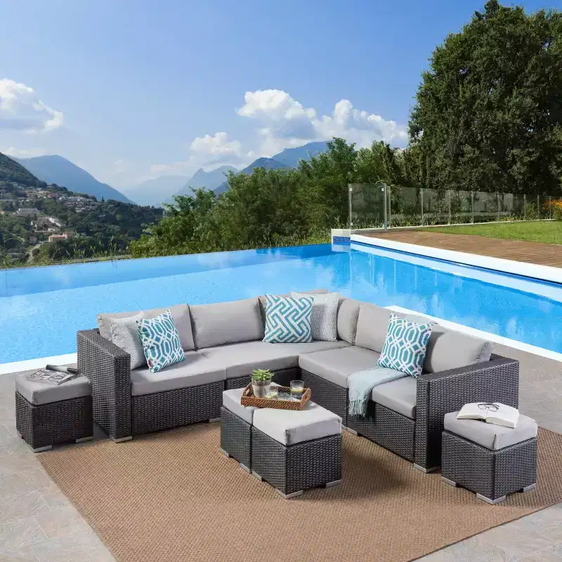 Christopher Knight Home Santa Rosa Outdoor 9 Piece V-Shape Wicker and Aluminum Sectional Sofa Set with Cushions