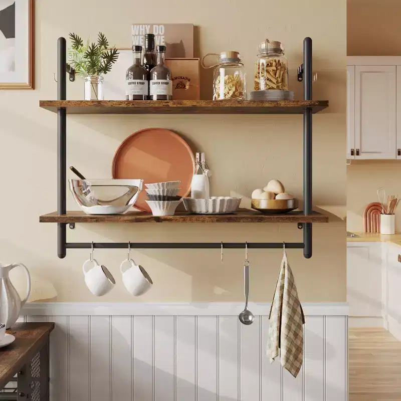 2-Tier Wall-Mounted Shelf with Hooks