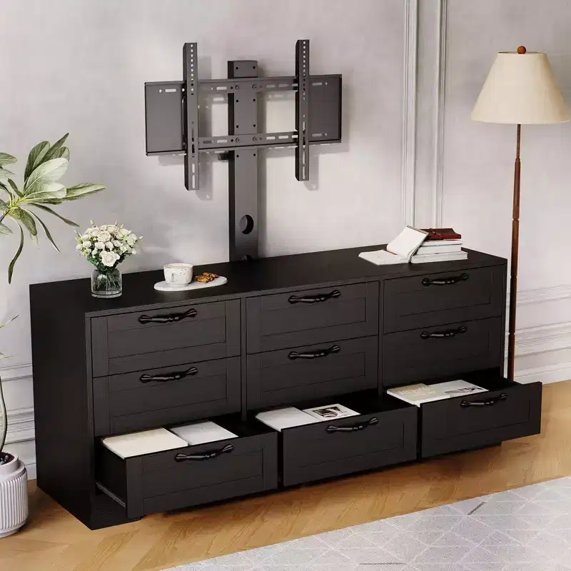 Modern 9 Drawer Dresser TV Stand with Mount for 32-85'' TVs  Ample Storage Drawers  Sturdy Media Console Table  Bedroom or Living Room  Black