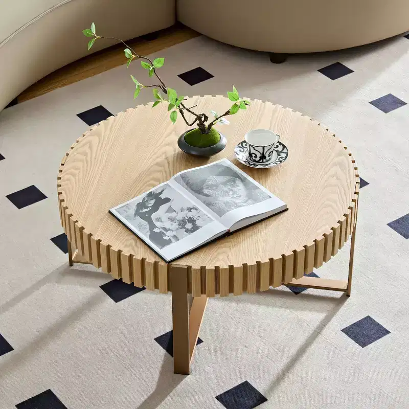JVNOXK Modern Handcraft Drum Coffee Table 31.5 inch Round Coffee Table for Living Room,with Sturdy Pedestal,Natural