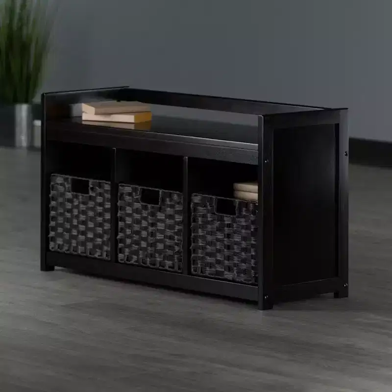 4pc Storage Bench with Baskets Espresso/Chocolate - Wood Entryway Organizer, Bedroom Ottoman